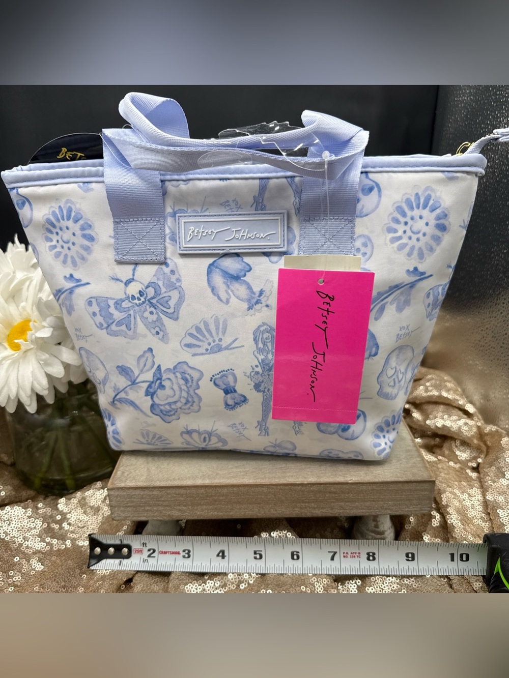 Betsey Johnson Light Blue Floral Canvas Tote with skulls and moths